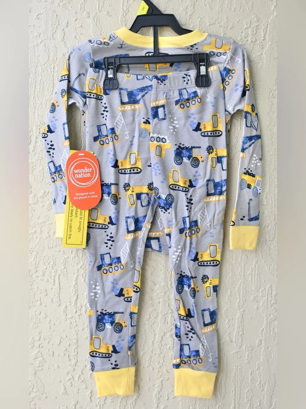 Wonder Nation Kids Grey Construction Print Pajama Set with Yellow & Blue Accents